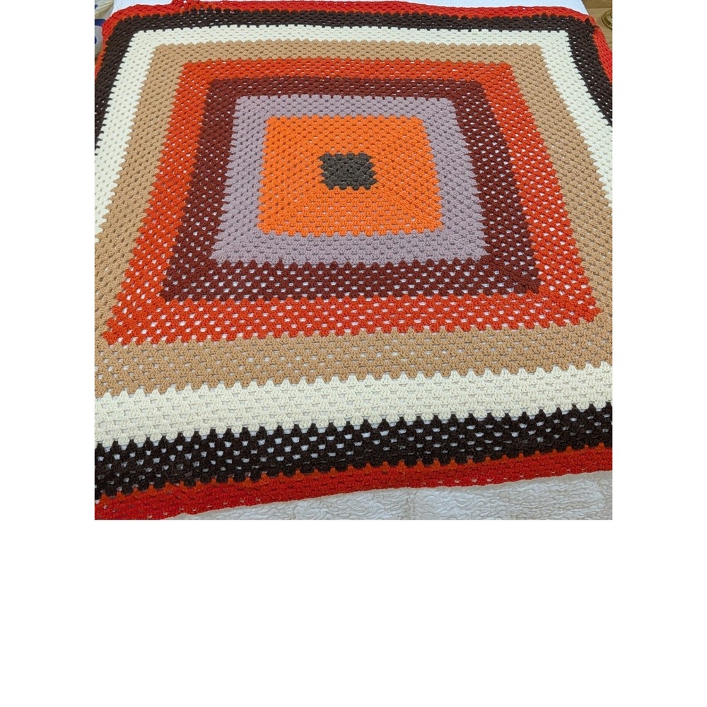 Vintage Handmade Crochet Granny Square Afghan Throw Blanket Orange Brown 70"x70"